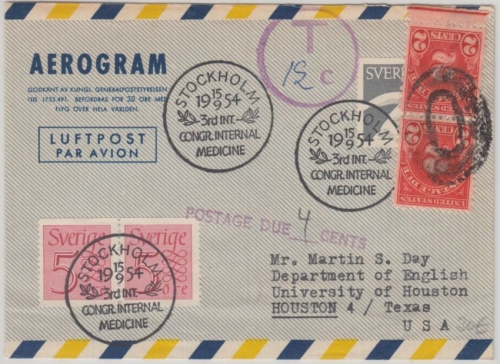 Schweden - Aerogramme n. USA SST Stockholm 3. Int. Medizin Kongr. 1954 Nachporto