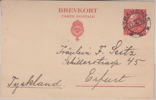 Schweden - 25 Ö. Ganzsache Karte Strangnas - Erfurt 1922