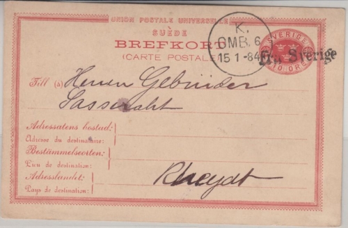 Schweden - 10 Ö. Ganzsache Karte v. Malmö L1 Fra Sverige - Rheydt 1884