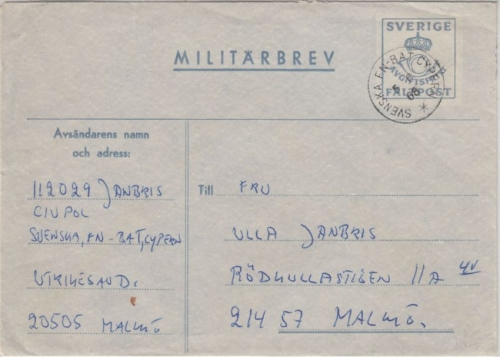 Schweden - Militärbrev Fältpost Svenska FN-Bat Cypern 1958 n. Malmö