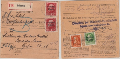 Bayern - 2x3 M. Ludwig/Volksstaat ua. Wertpaketkarte Beilngries Beutelstück 1919