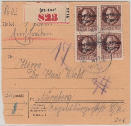Bayern - 4x75 Pfg. Ludwig/Volksstaat Einschreiben Paketkarte Frensdorf 8. MAI 20