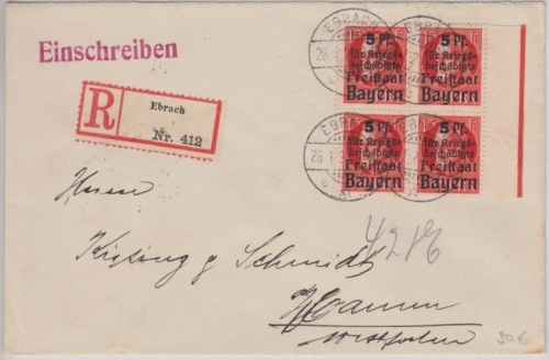 Bayern - 15 Pfg. Kriegsbeschädigte 4er-Block Einschreibebrief Ebrach 1920