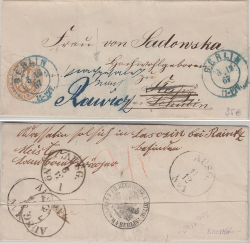 Preussen - 3 Sgr Adler Brief K2 Berlin n. Slupy b. Schubin 5.12.67 Weiterleitung