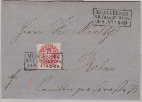 Preussen - 1 Sgr. Adler Brief Ra3 Müncheberg RB Frankfurt/Oder - Berlin 1867