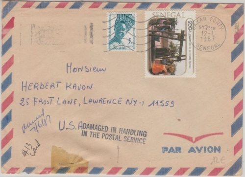 Senegal - 200 F. Femme Rurale u.a. Luftpostbrief n. USA Dakar 1987 crash cover