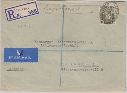 Nigeria - 1 Sh. George VI. Luftpost Einschreibebrief Calabar - Hamburg 1938