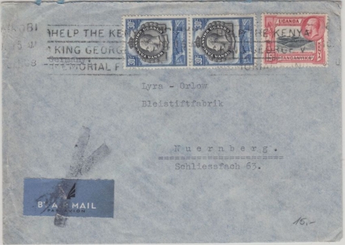 Kenya - 2x30+15 C. Freimarken Brief Nairobi - Nürnberg 1936 - ohne Inhalt
