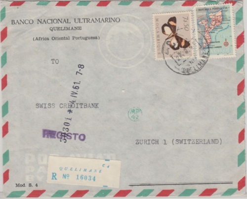 Mocambique - Quelimane 1961 Luftpost Einschreibnebrief i.d. SCHWEIZ - Zürich