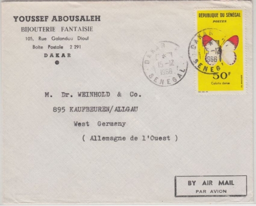 Senegal - 50 Fr. Schmetterling Luftpostbrief Dakar - Kaufbeuren 1966