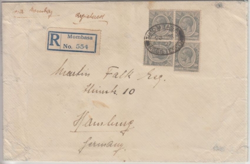 Kenia & Uganda - 4x50 C. George V. Einschreibebrief Mombassa - Hamburg 1927