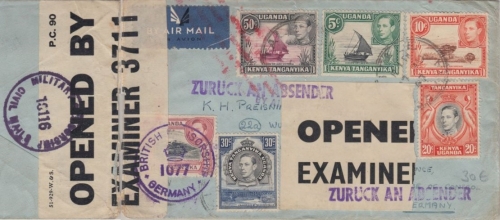 Uganda - Kitale 27. AUG 47 Luftpostbrief n. Wuppertal Zensur Retourvermerk