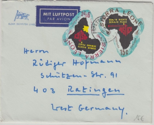 Sierra Leone - 15 + 9 1/2 C. Human rights Luftpostbrief Freetown - Ratingen 1969