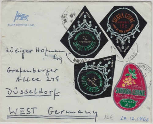 Sierra Leone - 2x7 + 15 C. Diamanten u.a. Brief Freetown - Düsseldorf 1966