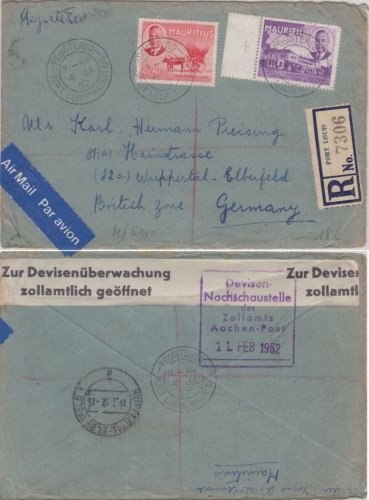 Mauritius - 10+35 C. Freimarken Luftpost Einschreibebrief Port Louis 1952 Zensur