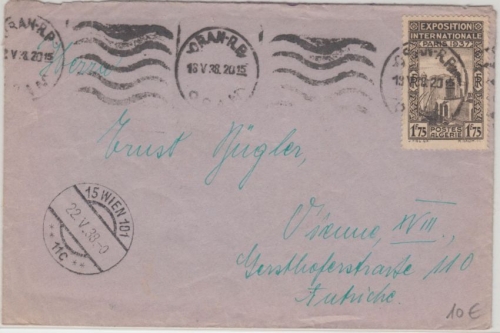 Algerien - 1,75 Fr. Exposition Int. Paris 1937 Brief n. ÖSTERREICH Oran 1938 n.
