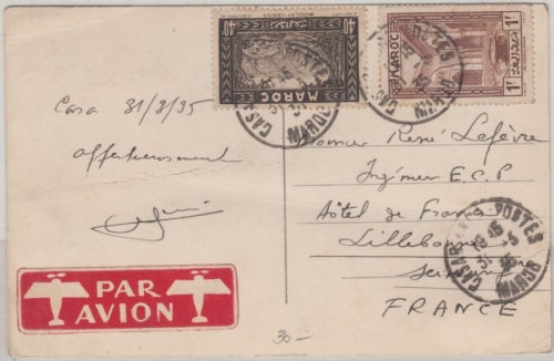 Marokko - 1 Fr. + 40 C. Freimakren Luftpostkarte Casablanca - Lillebonne 1936