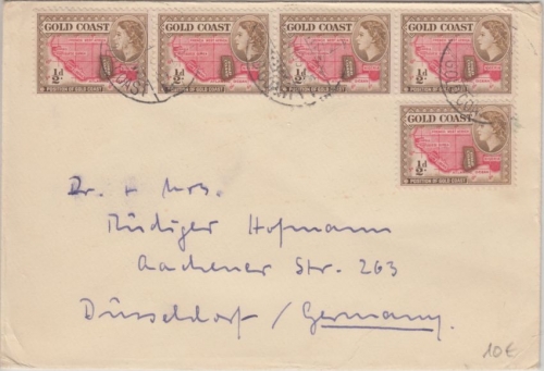 Gold Coast - 5x 1/2 P. Freimarke Landkarte Brief Accra - Düsseldorf 1954