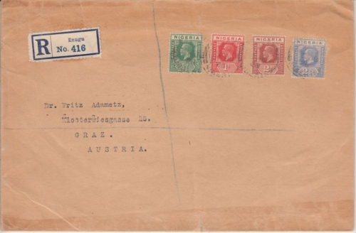 Nigeria - 2 1/2 P. George V. u.a. Einschreibebrief n. ÖSTERREICH Enugu Graz 1928