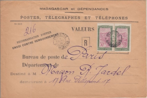 Madagaskar - 2x30 C. Landschaften Einschreibebrief Embositra - Paris 1930