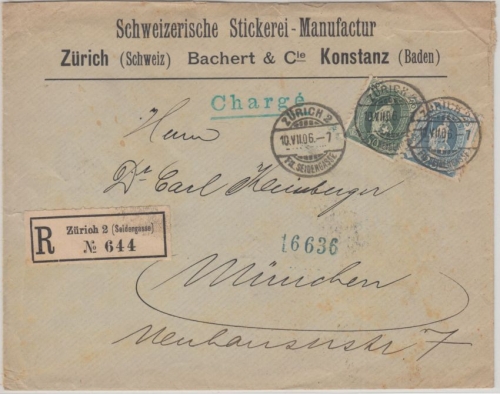 Schweiz - 50+25 Rp. steh. Helvetia Einschreibebrief Zürich - München 1906