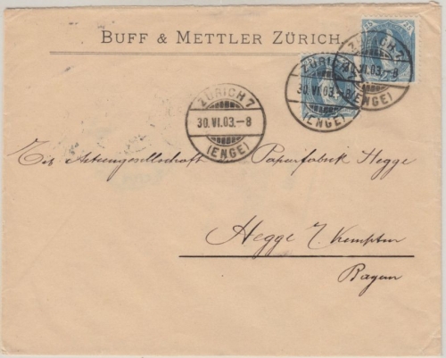 Schweiz - 2x25 Rp. steh. Helvetia Firmenbrief Zürich 7 - Hegge b. Kempten 1903