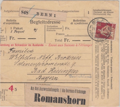 Schweiz - 1 Fr. sitz. Helvetia Paketkarte Bern - Bad Kissingen 1917