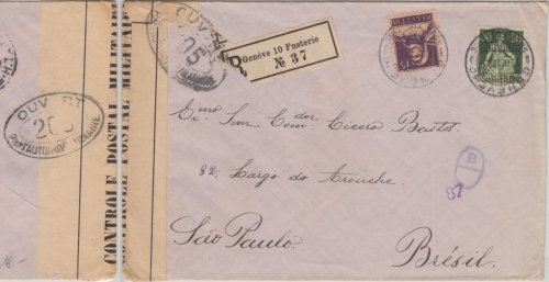 Schweiz - 50 Rp. sitz. Helvetia u.a. Einschreibebrief n. BRASILIEN Genf 1917