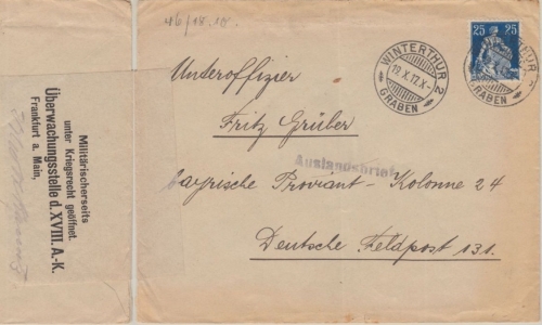 Schweiz - 25 Rp sitz. Helvetia Zensurbrief Winterthur Deutsche Feldpost 131 1917
