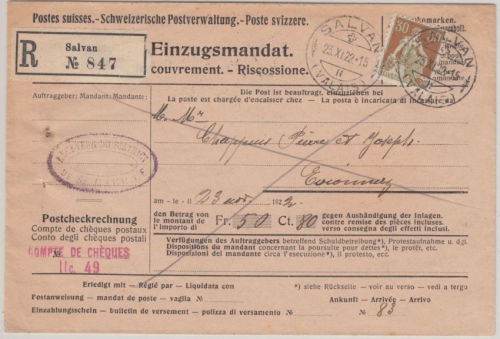 Schweiz - 30 Rp sitz. Helvetia Einzugsmandat Einschreiben Salvan Evionnaz 1922