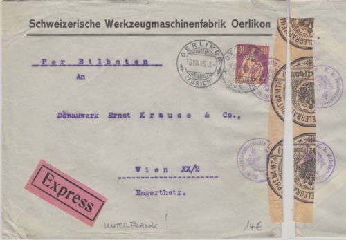 Schweiz - 40 Rp sitz. Helvetia Expressbrief n. ÖSTERREICH Oerlikon 1915 Zensur