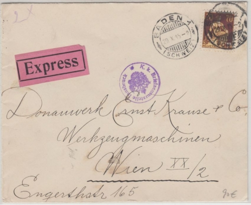 Schweiz - 70 Rp sitz. Helvetia Expressbrief n. ÖSTERREICH Baden 1915 Zensur
