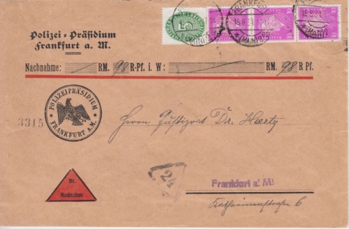 DR - 3x10 Pfg. Ebert POL-Lochung u.a. Nachnahme Ortsbrief Frankfurt a.M. 1931