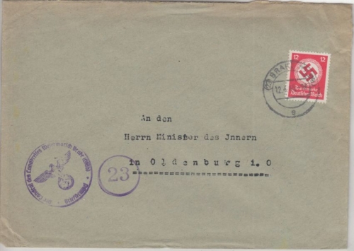 DR - 12 Pfg. Hkr. Dienstbrief (23) Brake - Oldenburg 12.4.45 !!