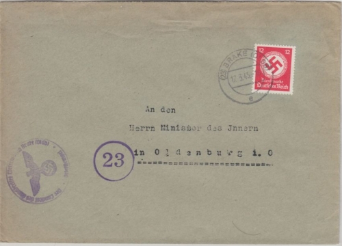 DR - 12 Pfg. Hkr. Dienstbrief 23 Brake - Oldenburg 17.3.45