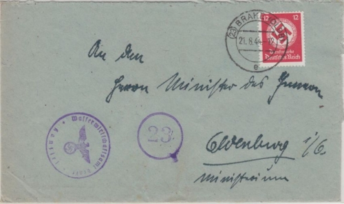 DR - 12 Pfg. Hkr. Dienstbrief 23 Brake - Oldenburg 21.8.44