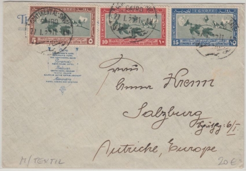 Ägypten - Congres International du Coton 1927 Satzbrief Continental Savoi Kairo