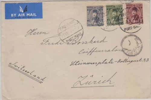 Ägypten - 17 Mill. ua. König Faruk Luftpostbrief i.d. SCHWEIZ Paquebot Port Said