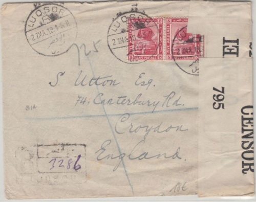 Ägypten - 2x5 Mill Sphinx Einschreiben Zensurbrief n. ENGLAND Luxor Croydon 1919