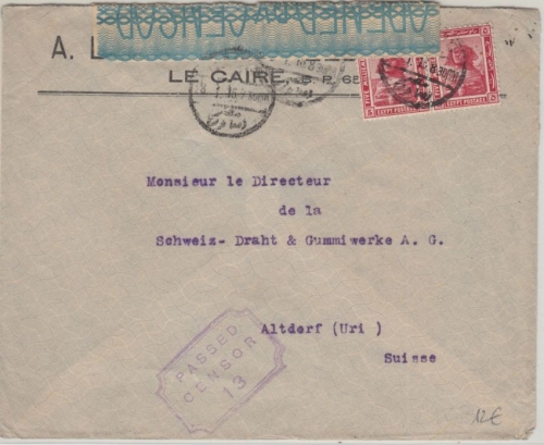 Ägypten - 2x5 Mill Sphinx Zensurbrief i.d. SCHWEIZ Kairo - Altdorf 1916