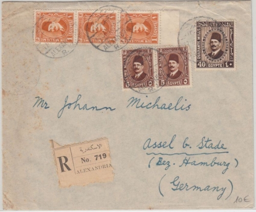 Ägypten - 40 Mill König Fuad u.a. Einschreibebrief Alexandrien Assel Stade 1934