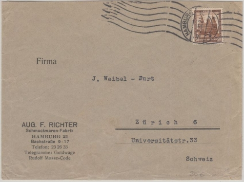 DR - 50 Pfg. Nothilfe Lübeck Holstentor Brief i.d. SCHWEIZ Hamburg - Zürich 1932