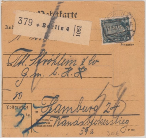 DR - 80 Pfg. Stephan Paketkarte Berlin N4 - Hamburg 1924