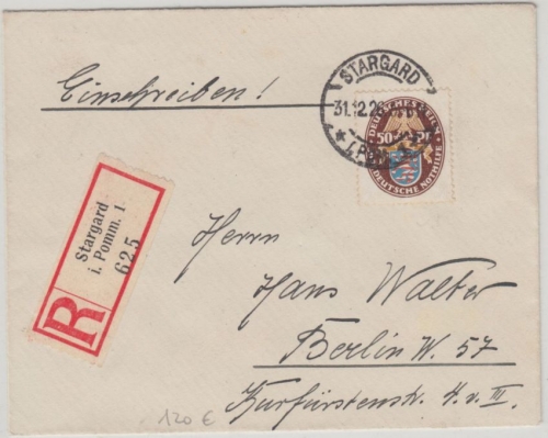 DR - 50 Pfg. Nothilfe Wappen Einschreibebrief Stargard Pom. - Berlin 1926
