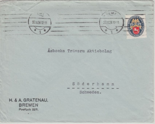 DR - 25 Pfg. Nothilfe Wappen IV Brief n. SCHWEDEN Bremen - Söderhamm 1928