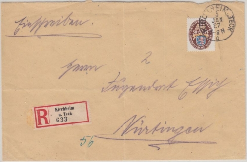 DR - 50 Pfg. Nothilfe Wappen II Einschreibebrief Kirchheim Teck - Nürtingen 1927