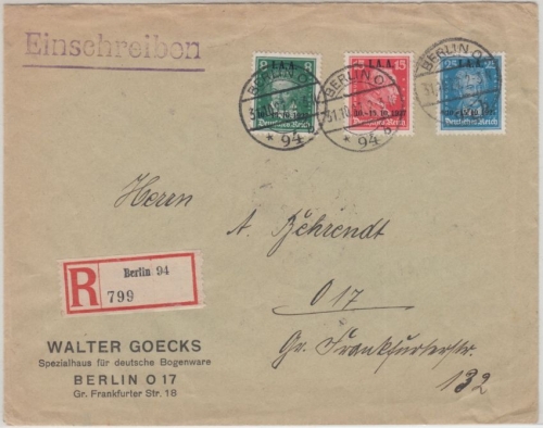 DR - Int. Arbeitsamt IAA Satz Ortsbrief Einschreiben Berlin O94 31.10.27
