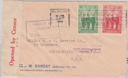 Australien - 1+2 P. Militär Zensurbrief n. USA Melbourne - Springfield 1940