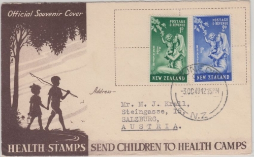 Neuseeland - 1+2 P. Health stamps 1949 Schmukkuvert FDC EST Dunedin Oct 3 1949