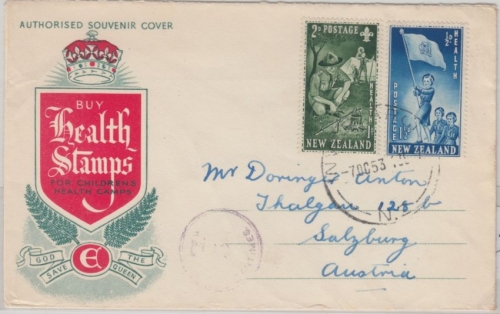 Neuseeland 1 1/2+2 P Health stamps 1953 Schmukkuvert FDC EST Invercargill 7 Oct